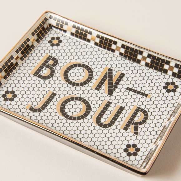 Anthropologie Other - NWT Anthropologie Bistro Tile Bonjour Decorative Stoneware Tray - Black & Gold